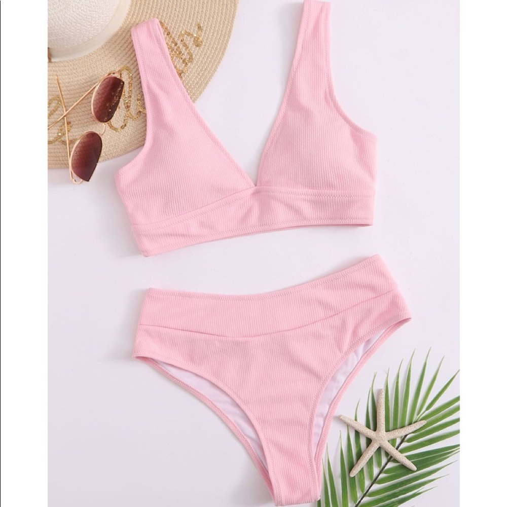 Rib V Neck High Waisted Bikini Swimsuit